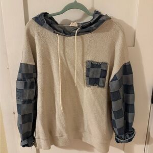 BiBi Cream Hoodie with Blue Plaid Accents